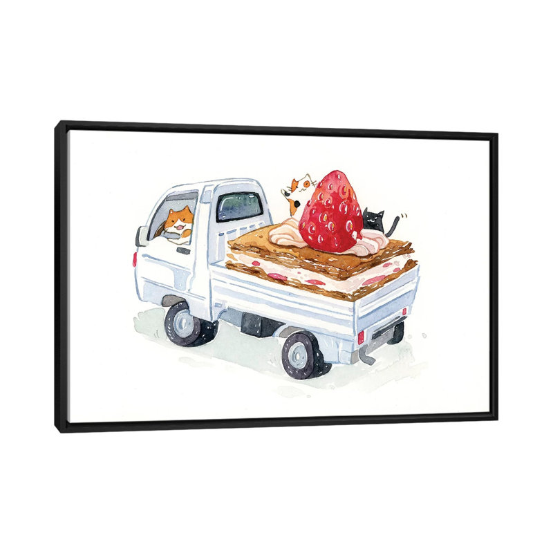 « kitty trucker », impression sur toile, H 18 po x l 26 po x P 1,5 po, Toile avec cadre noir, Pas de tapis