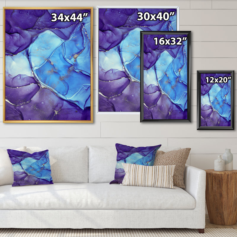 Encre de marbre bleue et mauve abstraite III - peinture sur toile, Toile à cadre flottant doré, H 44 po x l 34 po