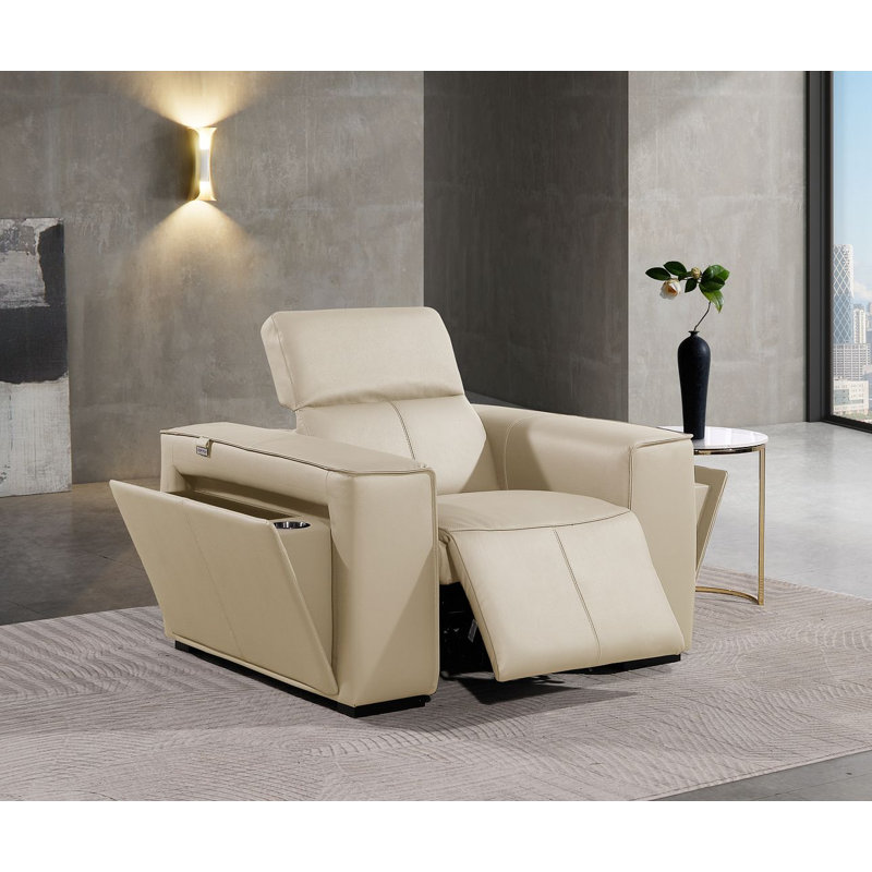 Top Grain Italian Leather Power Reclining Chair With Power Headrests, Beige Genuine Leather