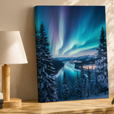 Canvas A Breathtaking Winter Landscape Featuring A Serene River Winding Through Wall Art A Snow Covered Forest Illuminated By The Canvas Wall Art
