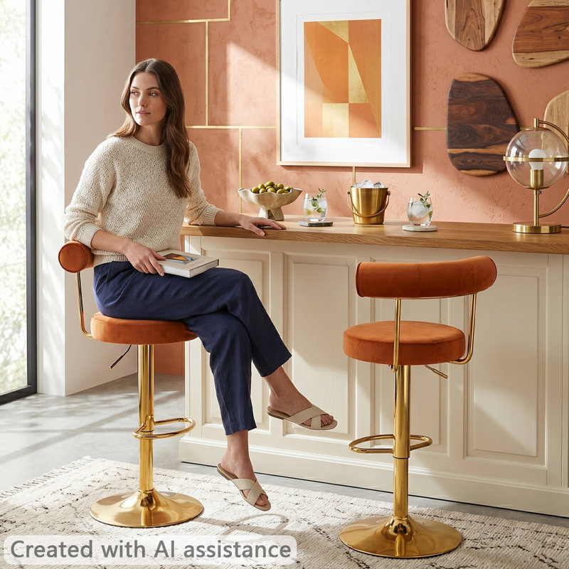 Modern Velvet Upholstered Swivel Adjustable Bar Stools with Gold Chrome Base, Terra