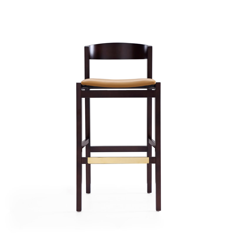Klismos Mid-Century Modern Vegan Leather Upholstered Beech Wood Bar Stool in Camel, Camel,  Bar Stool (30.5" Seat Height)