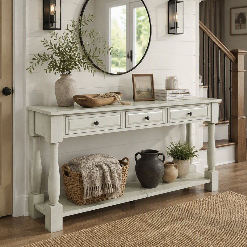 Longue console avec tiroirs et tablette, Blanc antique, Blanc antique, Antique White