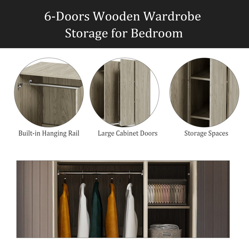 Rangement pour garde-robe en bois 6 portes pour chambre à coucher, Nature