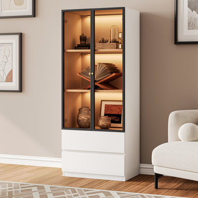 White Glass Display Cabinet with Storage for Collectibles, Wood 3-Tier Display Case with Glass Doors and 2 Drawers , Modern Hutch China Cabinet for Living Room and Kitchen