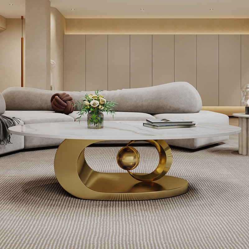 Table basse moderne en faux marbre, tables contemporaines en pierre frittée avec base en acier inoxydable, Doré