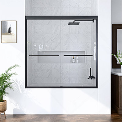 56"-60"W*60"H Semi-Frameless Double Sliding Shower Door, Bypass Shower Door, 1/4" (6mm) Thick SGCC Tempered Glass Door, Matte Black