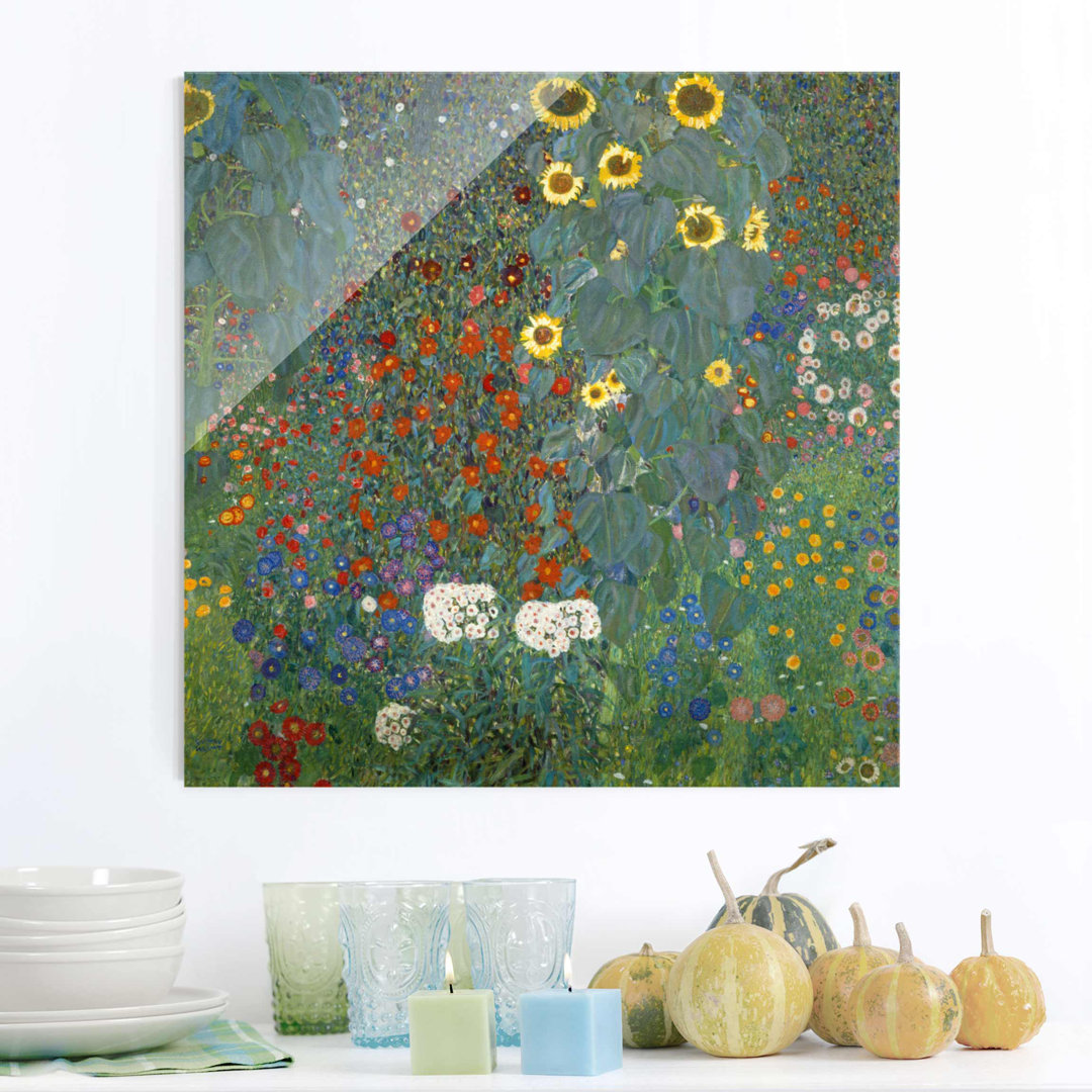 Glasbild Bauerngarten mit Sonnenblumen von Gustav Klimt