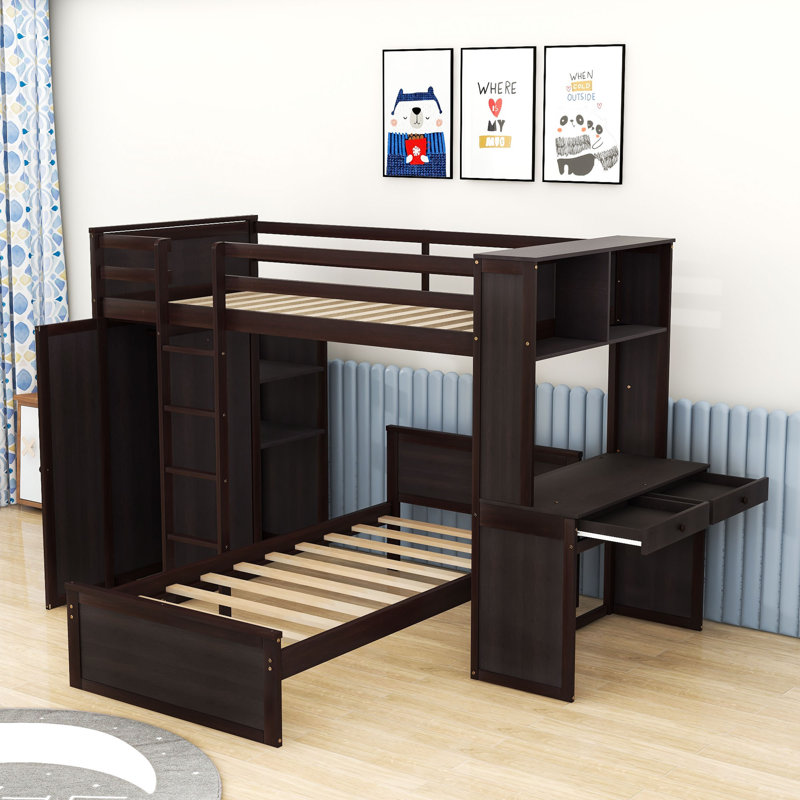 Curt Kids Twin Over Twin 2 Drawers Wood Bunk Bed with Built-in-Desk and Shelves, Espresso
