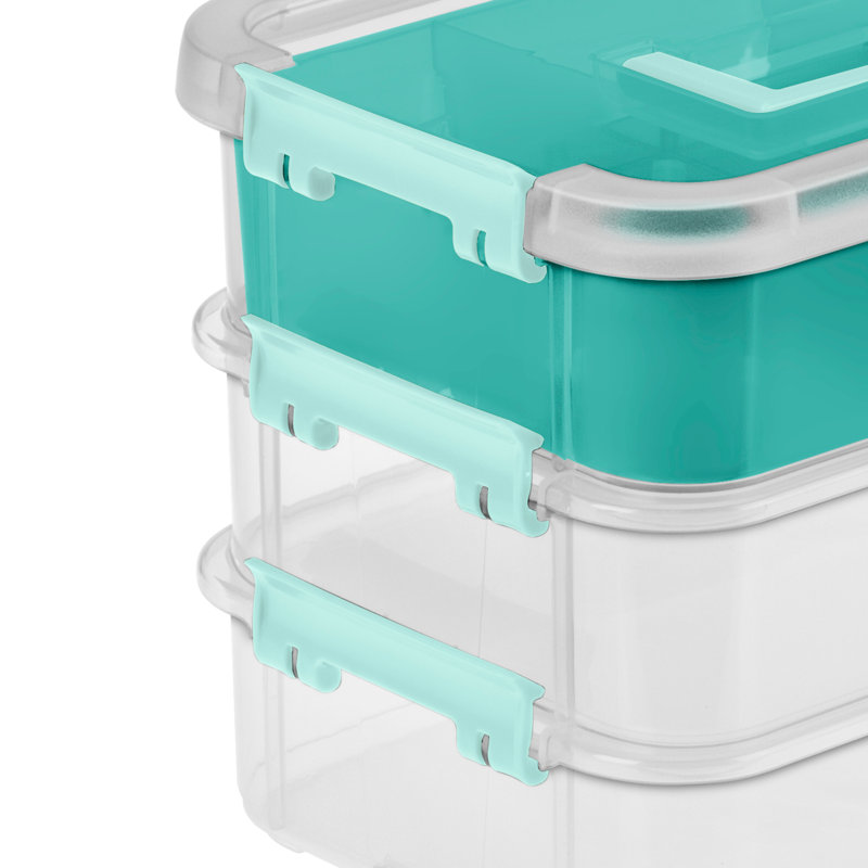 Sterilite Stack and Carry 3 Layer Handle Box, Tray, Small Storage Latch Lid Container to Organize
