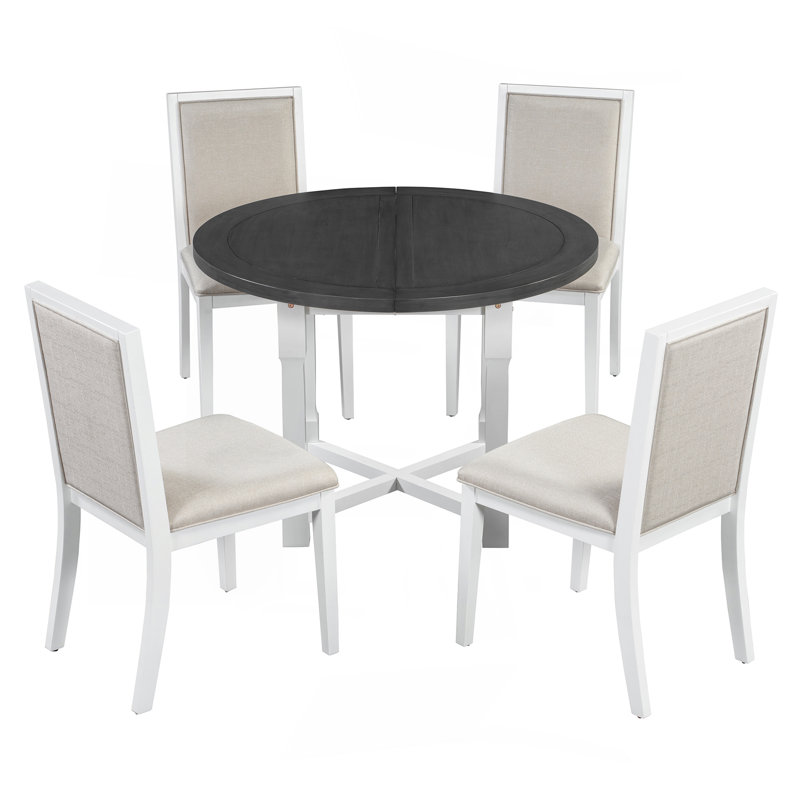 Ensemble de table de salle à manger extensible 5 pièces pour 4 personnes, table de salle à manger ronde pour 4 personnes avec chaises rembourrées, ensemble de table de cuisine de ferme avec rallonge amovible pour la salle à manger et la cuisine