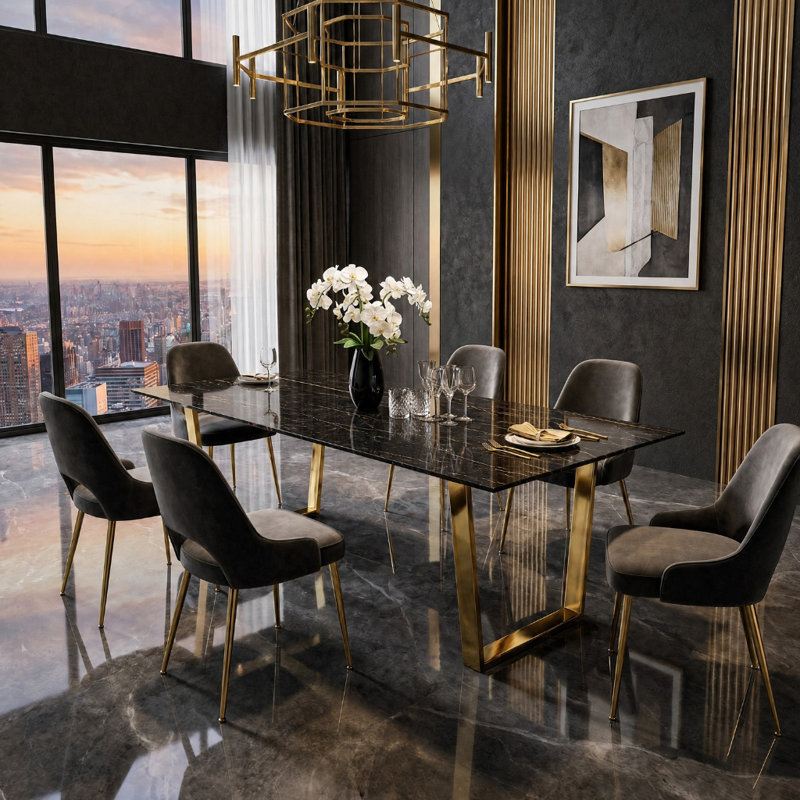 Motilal Rectangular Faux Marble Top Dining Table with Steel Base, 75"H x 180"L x 90"W, Brown, Gold