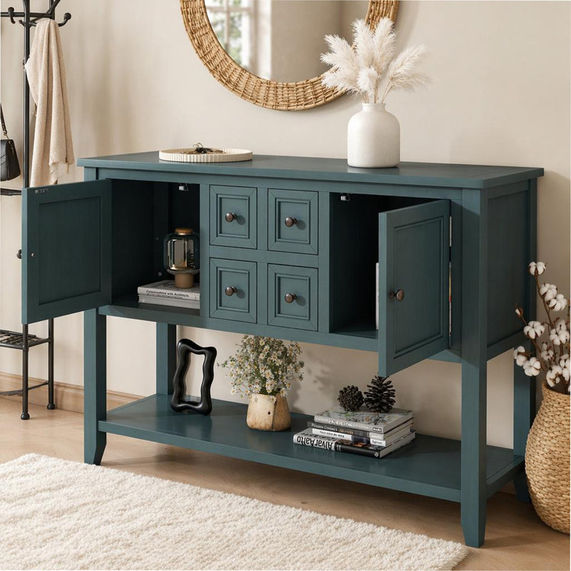 Grande console de rangement vintage avec quatre petits tiroirs et une tablette inférieure pour les salons, les entrées et les cuisines (bleu foncé)