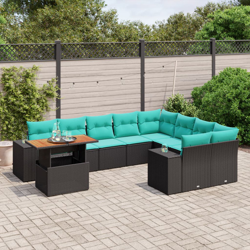  Ensemble de canapé de patio 10 pièces avec coussins en rotin de polyester, Noir, Vert