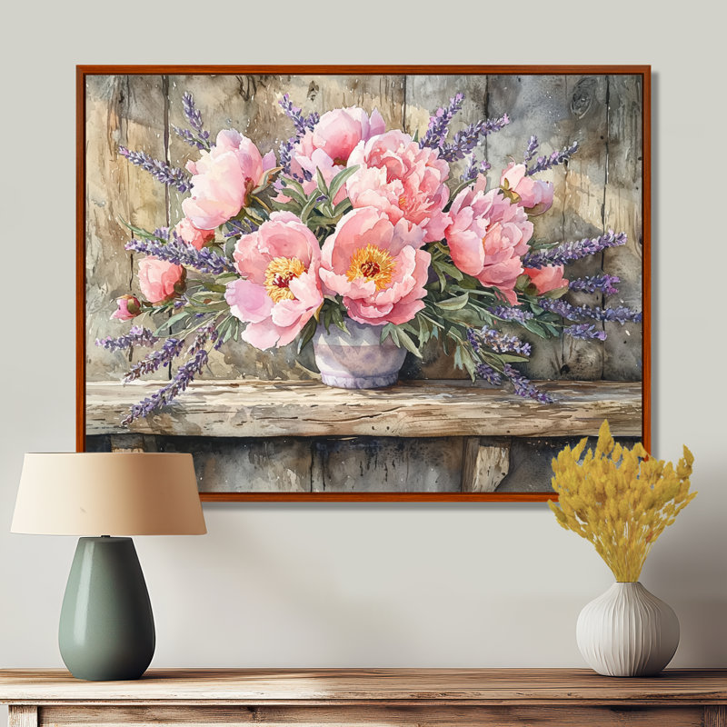 Iryna pivoines et lavande Bouquet II - pivoines, art mural, Brun, H 12 po x l 20 po, Impression encadrée flottante