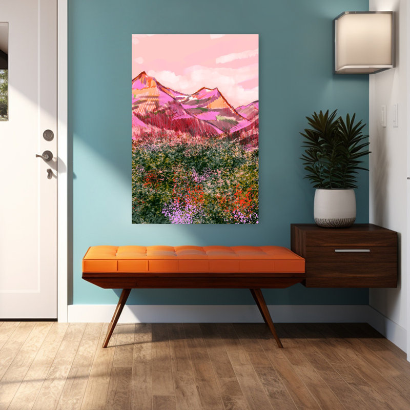 «Vibrant Pink Mountains», art floral abstrait coloré, forêt dramatique, 48" H x 32" W