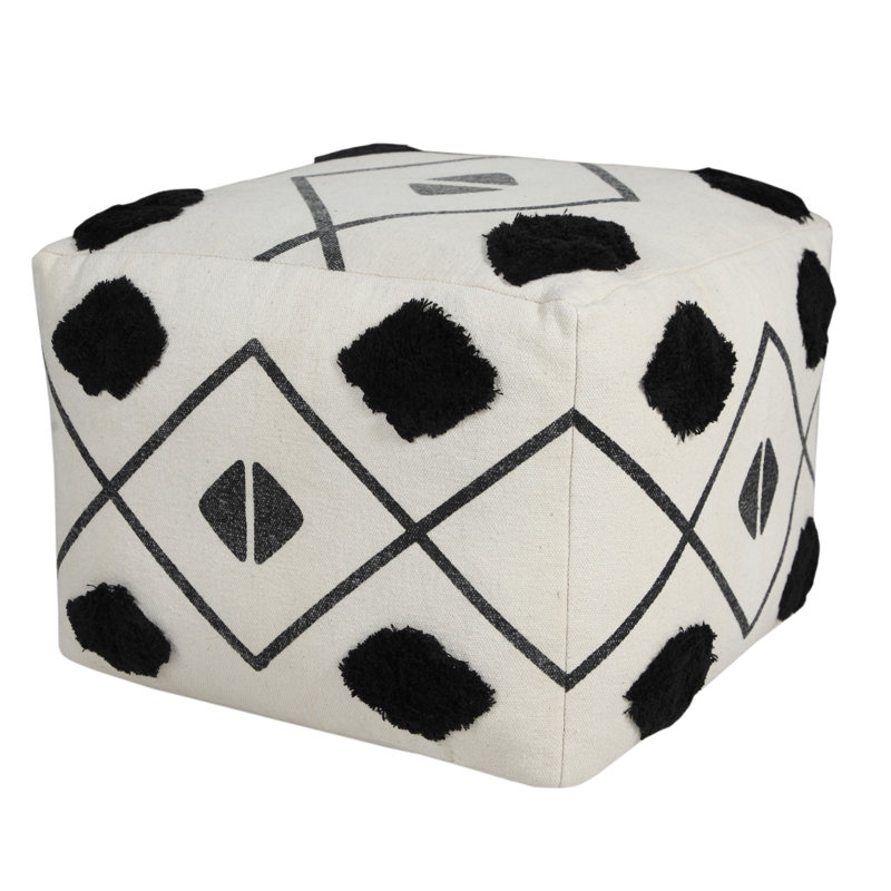 Ivory and Black Diamond Tufted Square Pouf Ottoman, 18" x 14"