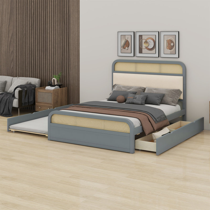 Lit plateforme en bois avec lit gigogne et 2 tiroirs, Gris