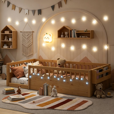 Kids Montessori Floor Bed with LED Light and Storage Shelf for Book Storage, Wood Low Platform Bed with Fence and No Legs for Girls Boys, Twin Size, White