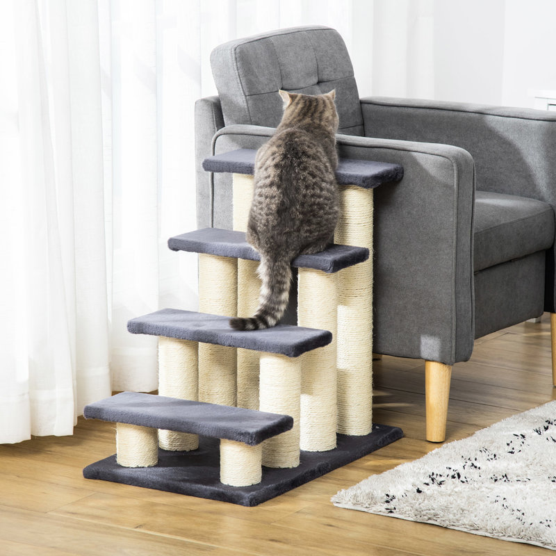 Arbre améliorant la fonction de chat en forme d'escalier, gris, 4 marches avec poteau à griffer pour la forme physique des chats et des chiots d'intérieur