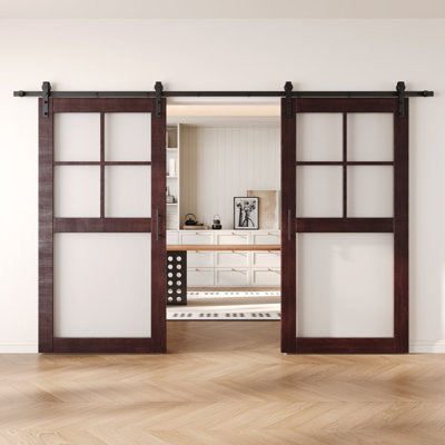 Homacer Red Mahogany Double 40in x 80in 5-Lite Frosted Glass Unassembled & Finished Barn Doors with Non-Bypass Installation Hardware Kit, 14ft track, interior use only