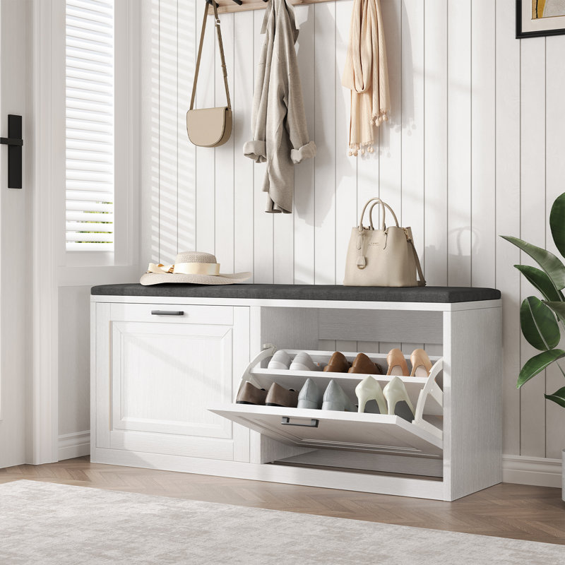 Banc de rangement pour chaussures 39,4 po avec siège rembourré et 2 tiroirs rabattables, Blanc