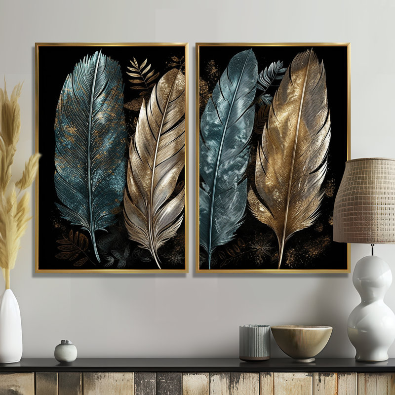 Plumes dorées dorées I - décoration murale moderne 2 panneaux, Impression encadrée flottante, 36'' H x 48'' W, Gold