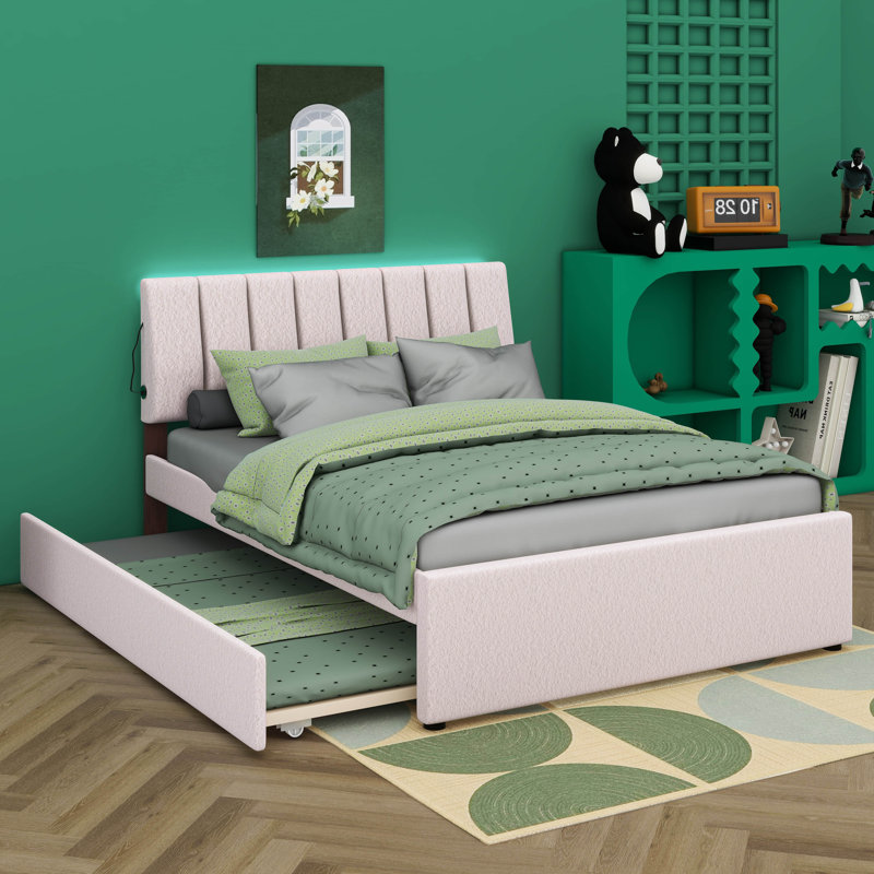 Lit plateforme tapissier Teddy, Beige, Double