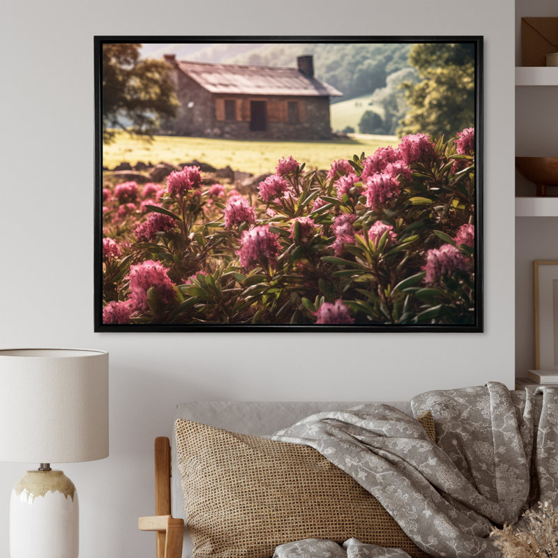 " Rhododendron Blooms At Farm I ", Black Floater Framed, 16" H x 32" W x 1" D
