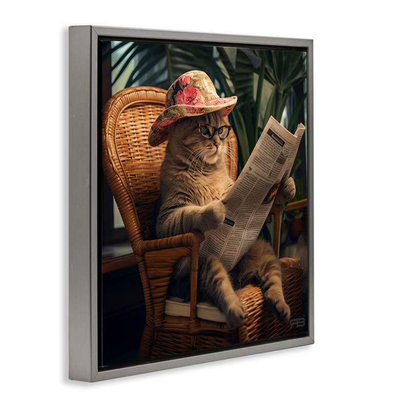 "Drôle de chat et journal", art mural sur toile flottante noire par RB, Cadre flottant gris lustré, H 18 po x l 18 po