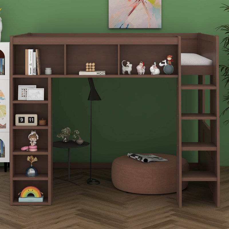 Queen Size Wooden Loft Bed With Cabinets And Shelves, Space-Saving Multifunction Loft Bed For Small Rooms, Brown