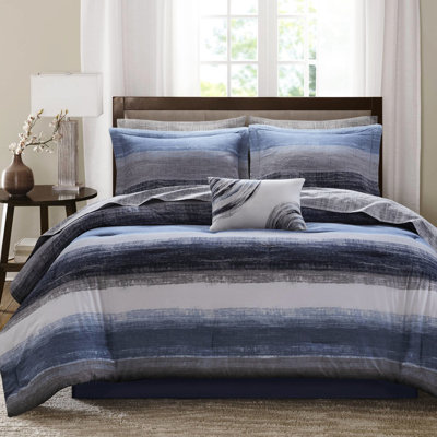 Navy Watercolor Striped Microfiber 9 Piece King Comforter With Matching Cotton Bed Sheets Shams Skirt And Decorative Pillow