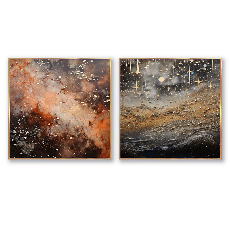 Constellation Starry - Ensemble de 2 collages abstraits carrés, Cadre flottant doré, H 16 po x l 33 po