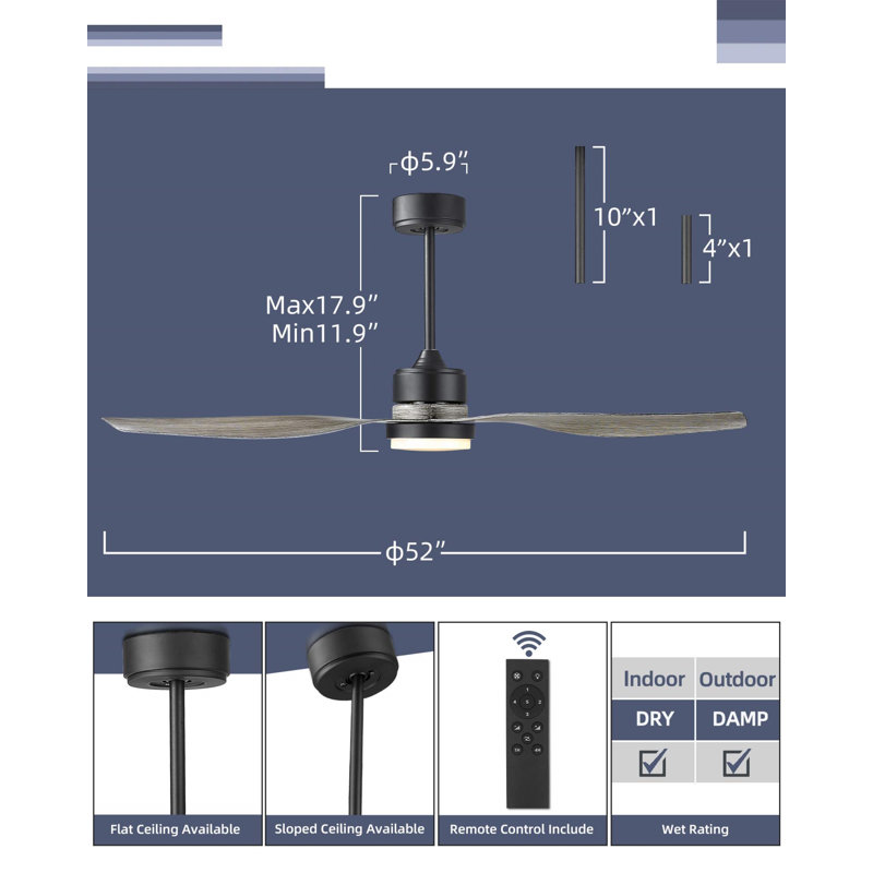 Tibuh 52'' Ceiling Fan with LED Lights, Gray