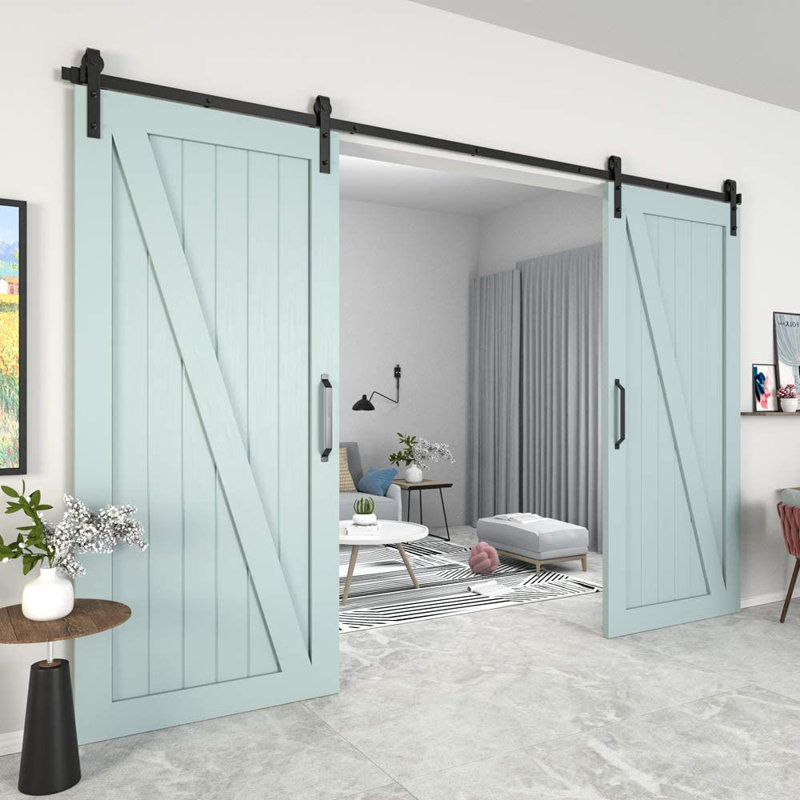 144-in Matte Black Steel Double Barn Door Hardware Kit