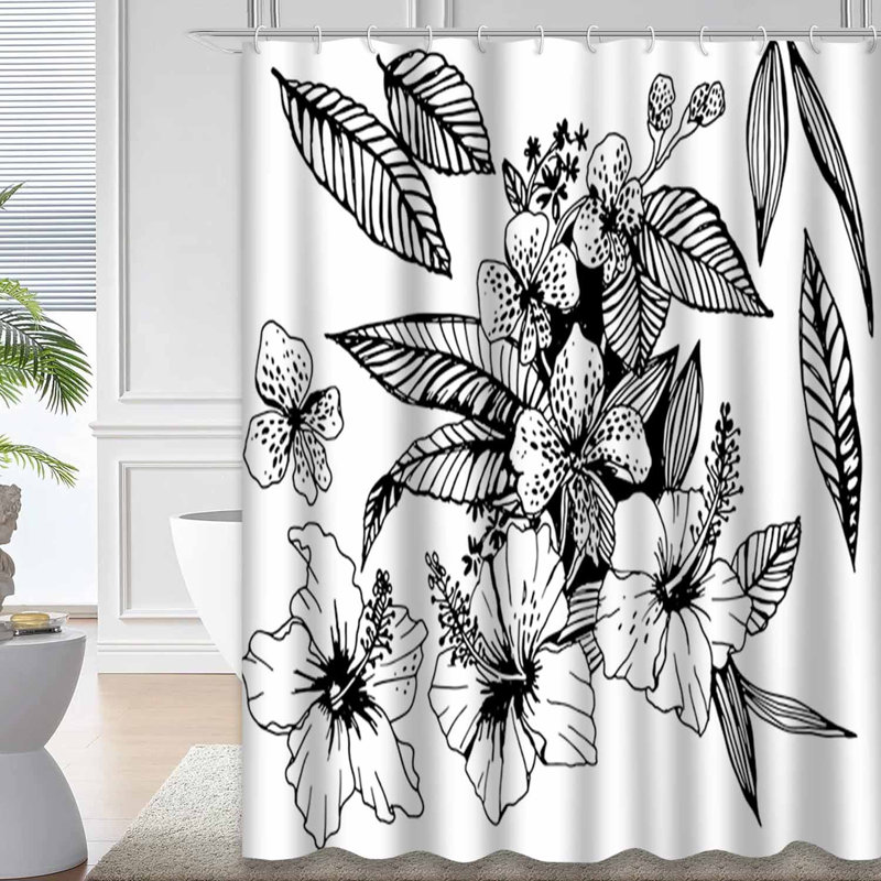 Rideau de douche tropical à motif floral noir avec 12 crochets, L 72 po x l 72 po