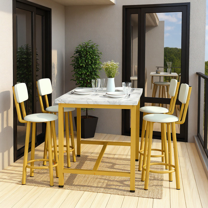 Industrial Bar Table Set with 4 PU Stools - Counter Height, Space-Saving 5-Piece Dining Set (43” L), White/Gold