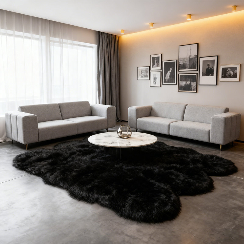Soft Fluffy Black Faux Sheepskin Area Rug, Novelty 6' x 6'