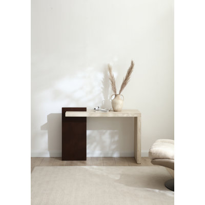 Modern Entryway Console Table With Walnut Wood Grain & Faux Marble Top, Asymmetrical Design Mdf Sofa Table Hallway Accent Table, Easy Assembly