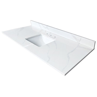 61-Inch Carrara White Veined Quartz Bathroom Vanity Top, 3/4" Thick with Undermount Single Middle Sink, 4" Backsplash & 3 Pre-Drilled Faucet Holes, Stain & Heat Resistant