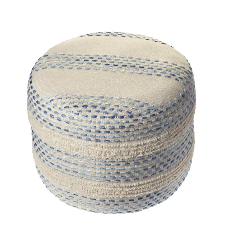 Lebo Modern Farmhouse Striped Handmade Upholstered Ottoman Pouf, Blue