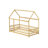 Twin Size House Floor Wooden Bed With Roof Frame,Safety Guardrails,Natural-486366806-486366805
