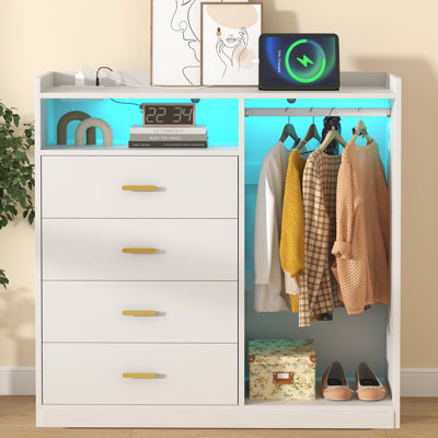 Wrought Studioâ„¢ White Dresser for Bedroom with Hanging Rack Dresser for Closet,4 Drawer Dresser with LED Lights & Charging Station, All Wooden Dresser
