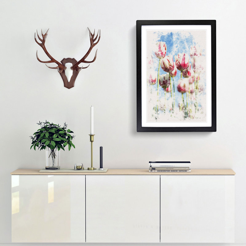 Pink & White Tulip Flowers - Picture Frame Painting Print, 33cm H x 24cm W x 2cm D, Black Framed
