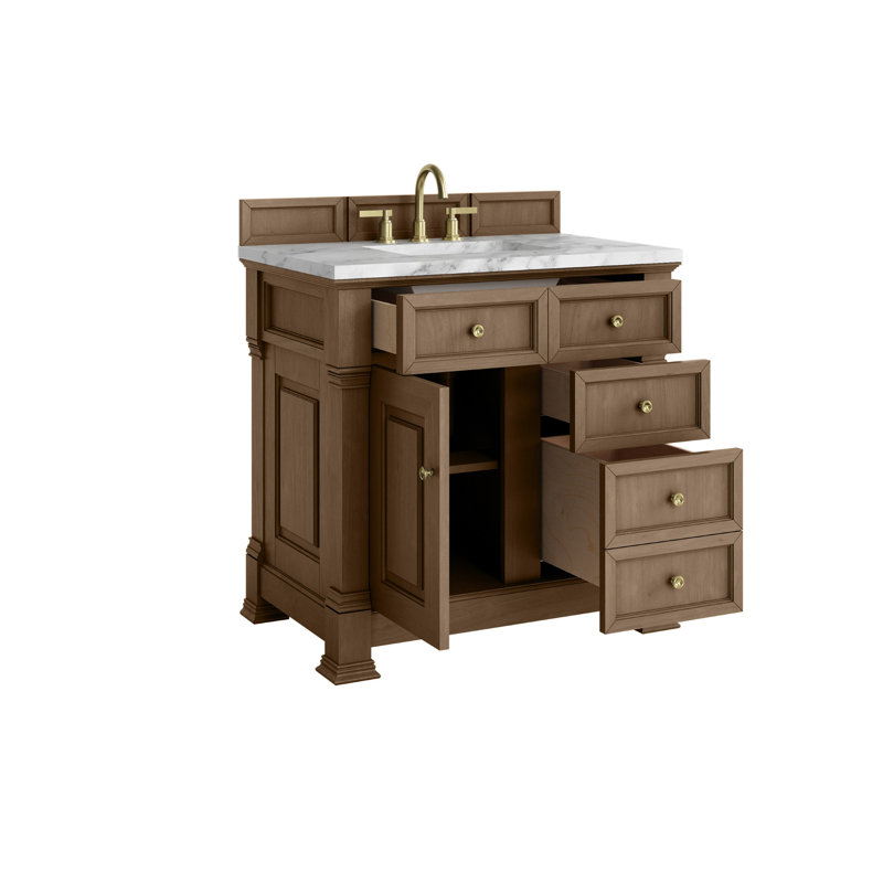 Brookfield 36'' W Single Vanity, Pecan, Carrara White, Widespread