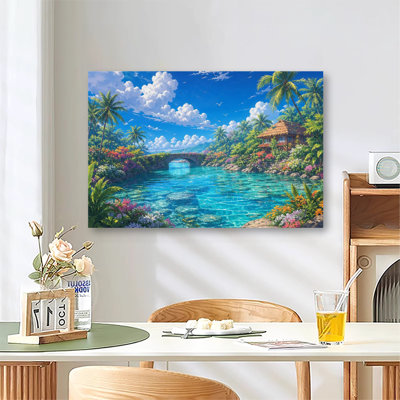 Tableau sur toile représentant une scène luxuriante de rivière tropicale avec un pont en arc de pierre, une hutte au toit de chaume et des fleurs éclatantes