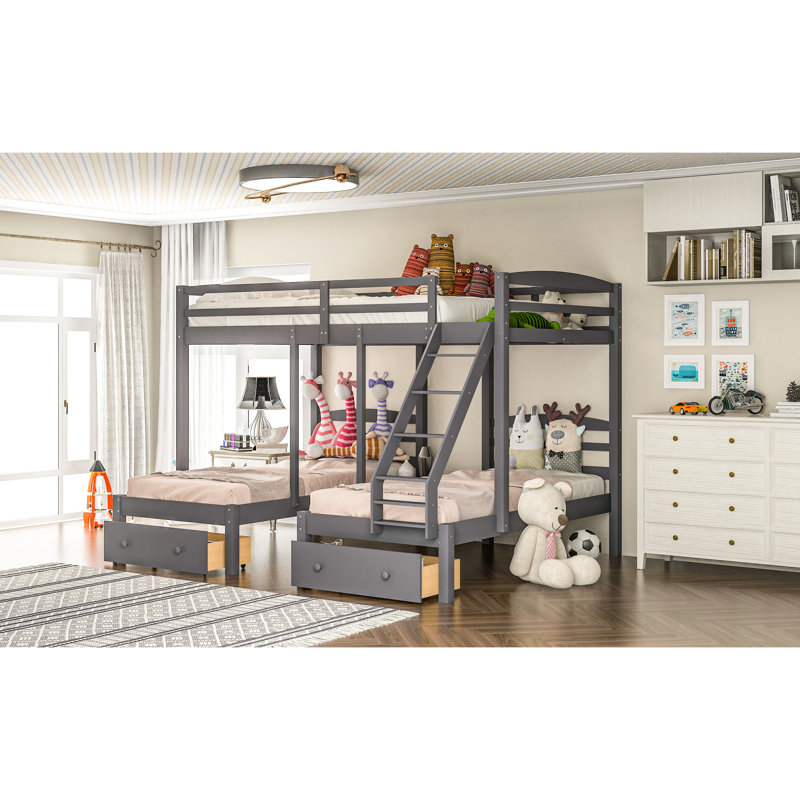Gray Bunk Bed With Drawers For - Solid Pine And Construction, Full Over Twin & Size Option Space Saving Made Of , Style