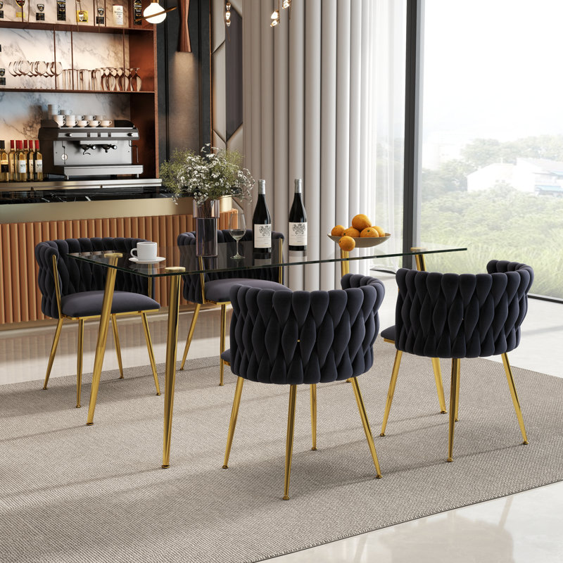 Ensemble de salle à manger rectangulaire moderne avec chaise rembourrée, 5 pièces: table, 4 chaises, Noir et or, Doré