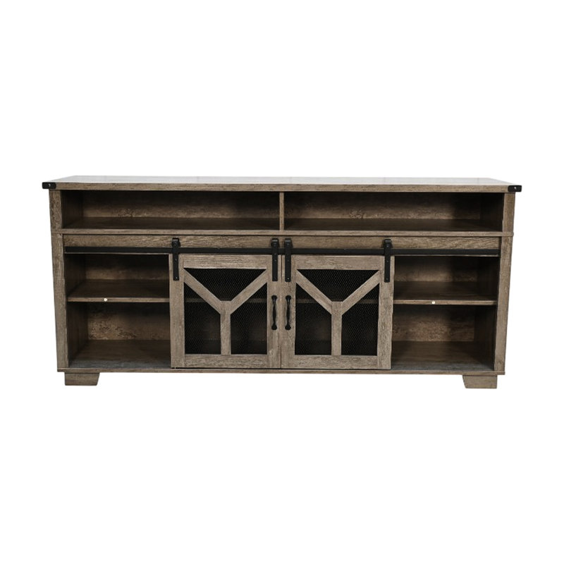 Meuble télé 65,3 po avec porte grillagée en fer, éclairage à DEL et éléments en forme de Y, couleur gris antique, finition coulissante 60 69 pouces, ajustement