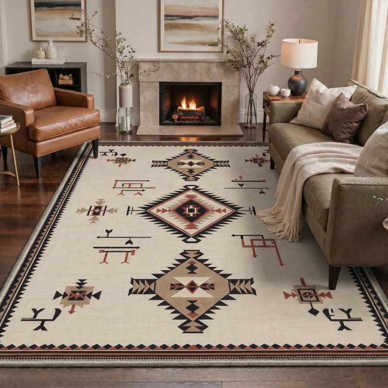 Tapis d'intérieur / beige à motif géométrique lavable à la machine avec envers antidérapant Mirage, Round 5'